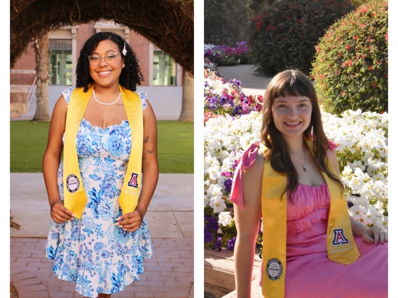 A collage of two images of women smiling at the camera wearing graduation stoles
