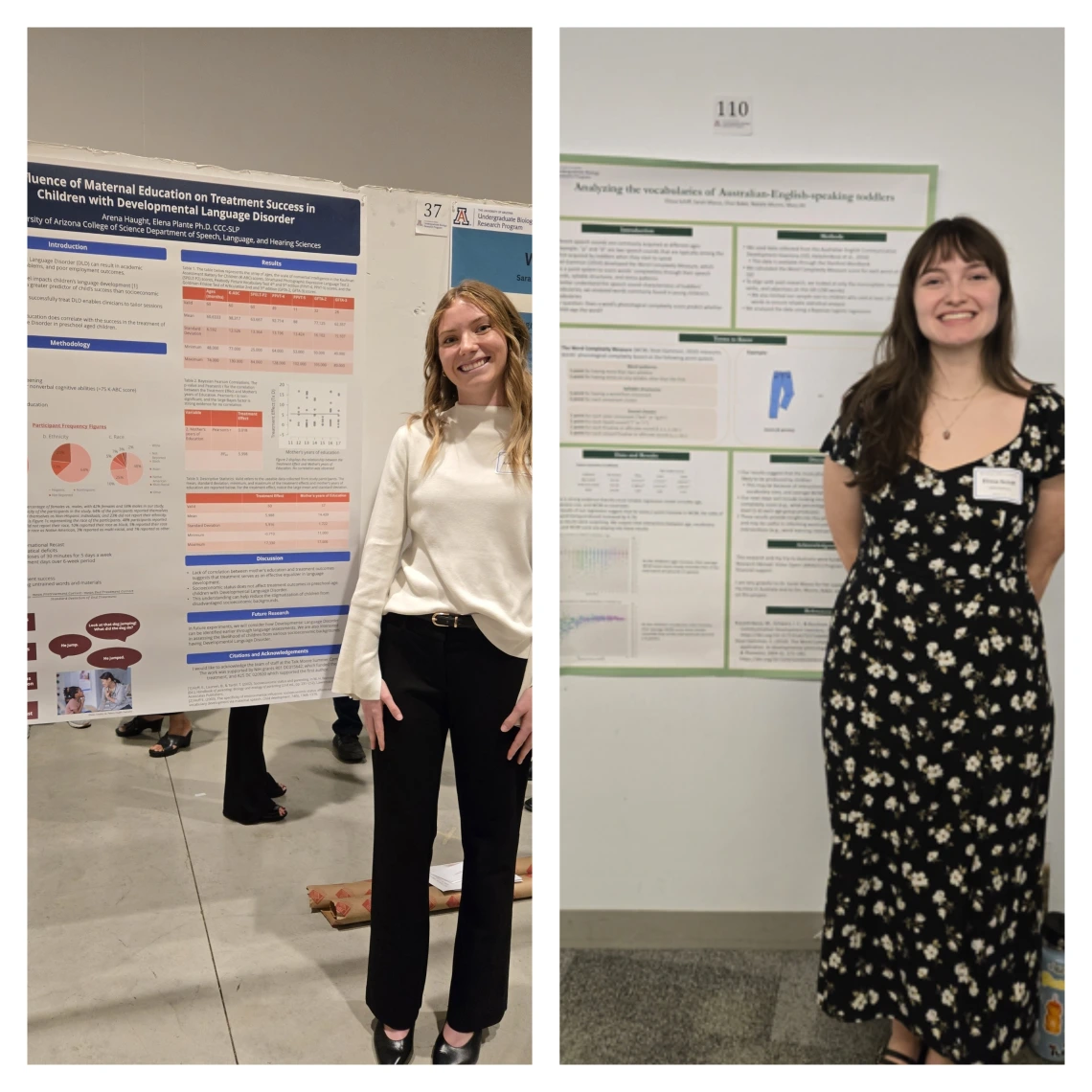 Combined images of two women standing in front of their poster presentations