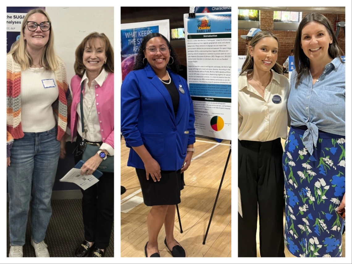 Three side by side images of student researchers and faculty advisors smiling at camera