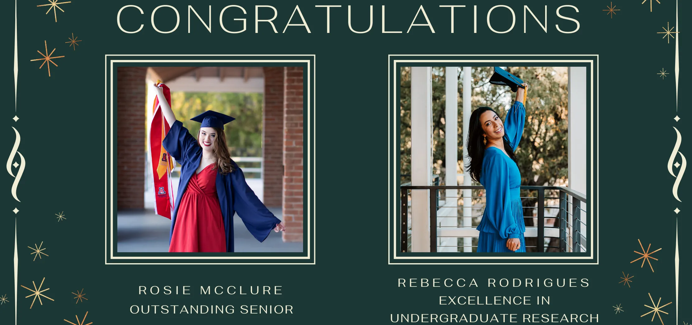 Awardees Rosie McClure and Rebecca Rodriges on Old Main's balcony